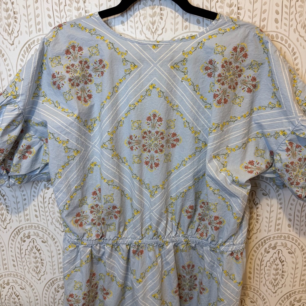 LOFT Blue Floral Midi Dress Puff Sleeves Drawstring Waist Size XL Ann Taylor - Picture 5 of 8